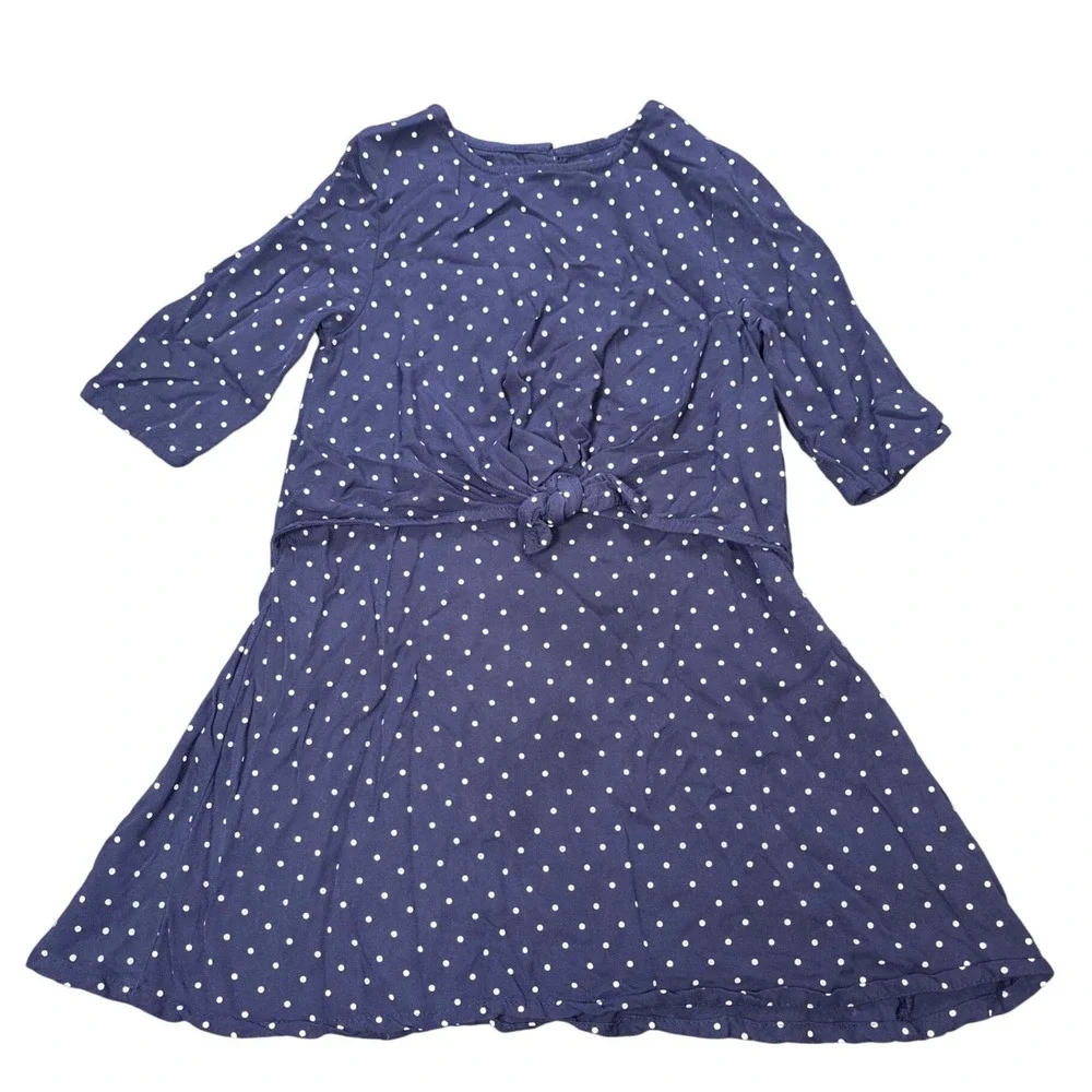Old Navy Polkadot Dress Girl's Size 4T Navy Front Tie 100% Rayon 3/4 Sleeve